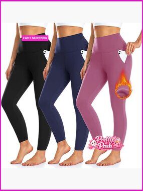 Fleece Lined Leggings with Pockets - Warm Winter Yoga Running Workout Pants